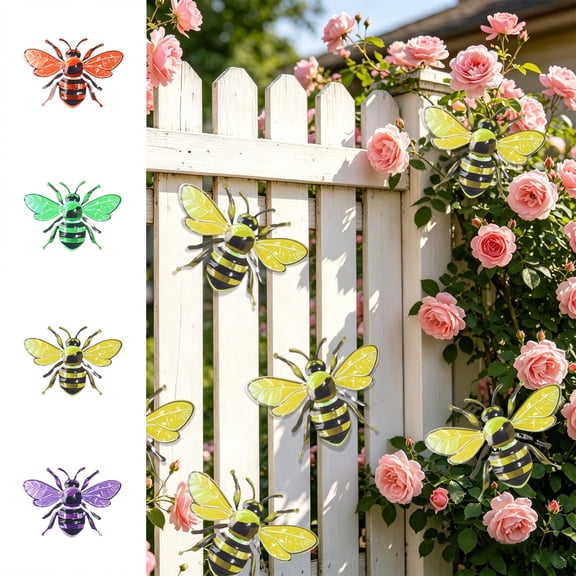 Exquisite Iron Bee Shaped Wall Hanging Ornament, Hand-Painted Retro Metal Craft Decoration, Weatherproof Artistic Wall Pendant for Courtyard/Outdoor Garden/Backyard Fence/Exterior Wall Decor, Yellow