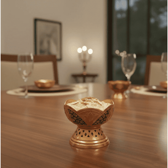 NATRIEL Kashmiri Copperware Dessert Bowl, Copper, Handcrafted with Black and Gold Leaf Design, Scalloped Edge, Pedestal Base with Cutout Pattern, 3.9x3.5 Inches