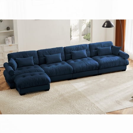 Modern Velvet L Shaped Sectional Sofa for Living Room, Convertible 4-Seater with Waist Pillows and Throw Pillows, 220×80×75cm