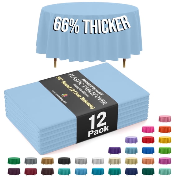 Exquisite Light Blue Round Plastic Tablecloths, 84 Inch, 12 Count, 66% Thicker Premium Disposable Table Covers
