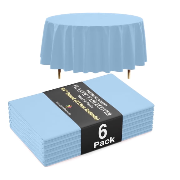Exquisite Light Blue Round Plastic Tablecloths, 84 Inch, 6 Count, 66% Thicker Premium Disposable Table Covers