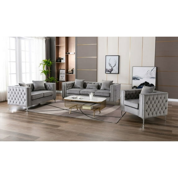 Exquisite Lorreto Collection: Glamorous Velvet Living Room Set with Tufting & Nail-Head Trim