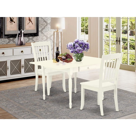 Exquisite MZDA3-LWH-W Dining Room Table Set - Premium Rubberwood, Linen White Finish, Drop Leaf Table, 2 Drawers, Danbury Chairs, Easy Assembly