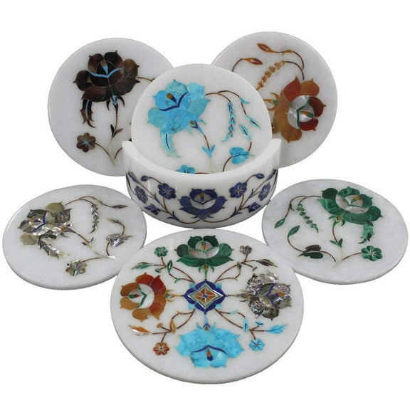 Exquisite Marble Inlay Coaster Set – Natural Stone Design for Elegant Living Room and Home Décor