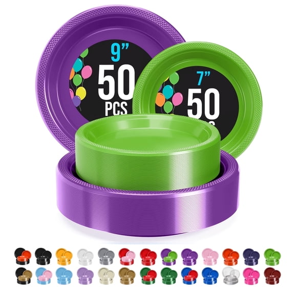 Exquisite Mardi Gras Plates, 100-Pack, 7-Inch Dessert and 9-Inch Dinner Plastic Disposable, Bendable