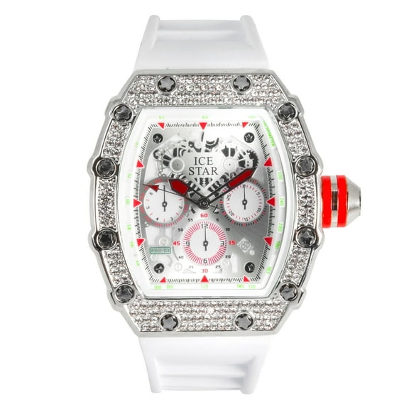 Exquisite Men's Tonneau Diamond Watch - Iced Bezel, Chronograph Display - Adjustable Silicone Strap - Quartz Movement - Silver Tone Finish