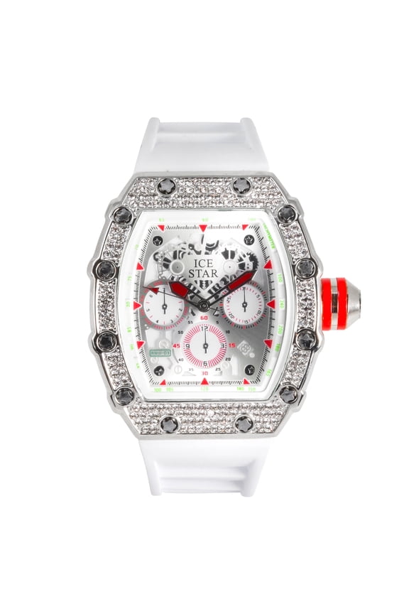 Exquisite Men's Tonneau Diamond Watch - Iced Bezel, Chronograph Display - Adjustable Silicone Strap - Quartz Movement - Silver Tone Finish
