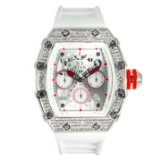 Exquisite Mens Tonneau Diamond Watch - Iced Bezel, Chronograph Display - Adjustable Silicone Strap - Quartz Movement - Silver Tone Finish
