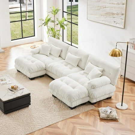 Exquisite Modular Sofa Couch - Oversized U Shaped Living Room Cloud Couch, Featuring 2 Ottomans and Chenille White Fabric