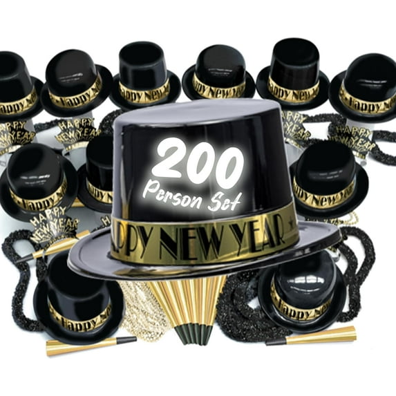 Crown Display 2026 New Year Party Favors Gold Showboat Set for 200 – Hats, Tiaras, Horns, Noisemakers