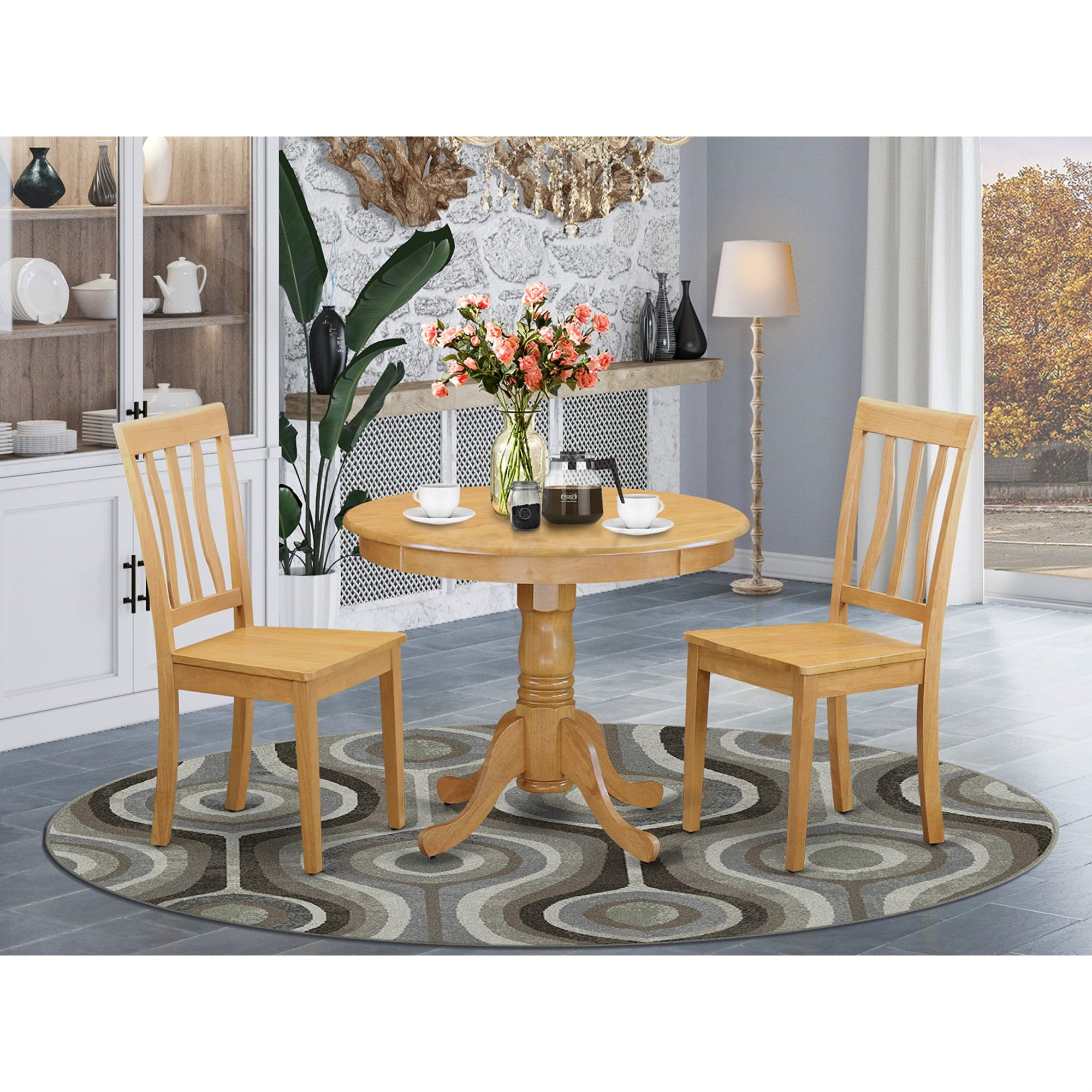Oak Round Table with 2 Slatted Back Chairs