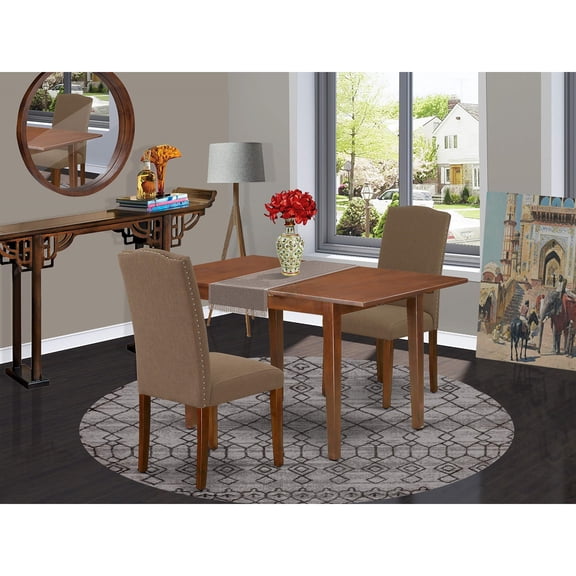 Exquisite PSEN3-MAH-18 Mahogany Dining Set | Extendable Table with Butterfly Leaf | 2 Parson Chairs | Linen Fabric Dark Coffee | Durable & Stylish | Ideal for Small Spaces | Easy Assembly