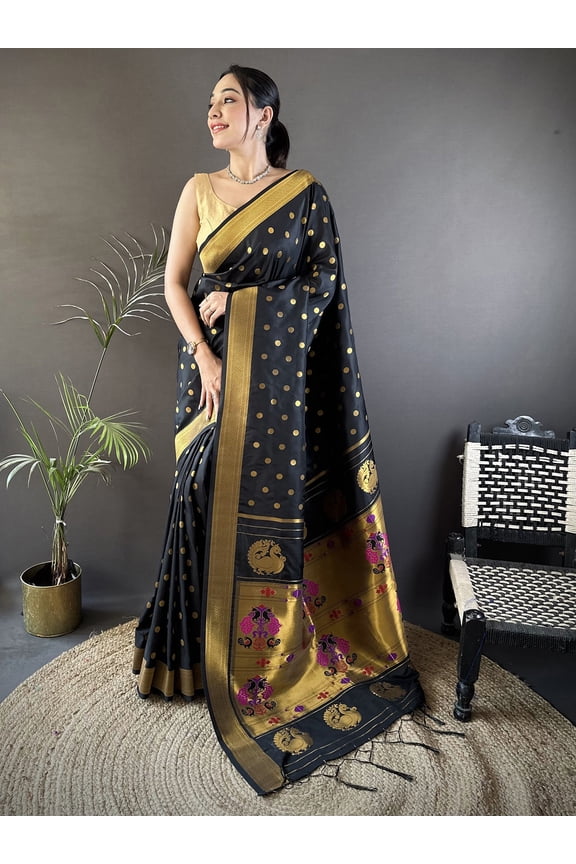 Exquisite Paithani Silk Saree In Lichi Silk With Elegant Polka Dot Design And Traditional Craftsmanship For Wedding Occasions – Black