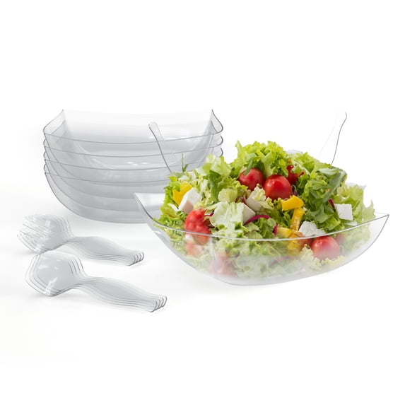 Exquisite Party Bowl Combo 4 Clear Convex Bowls (128oz) With 4 Each Serving Spoon and Fork - 12 Count