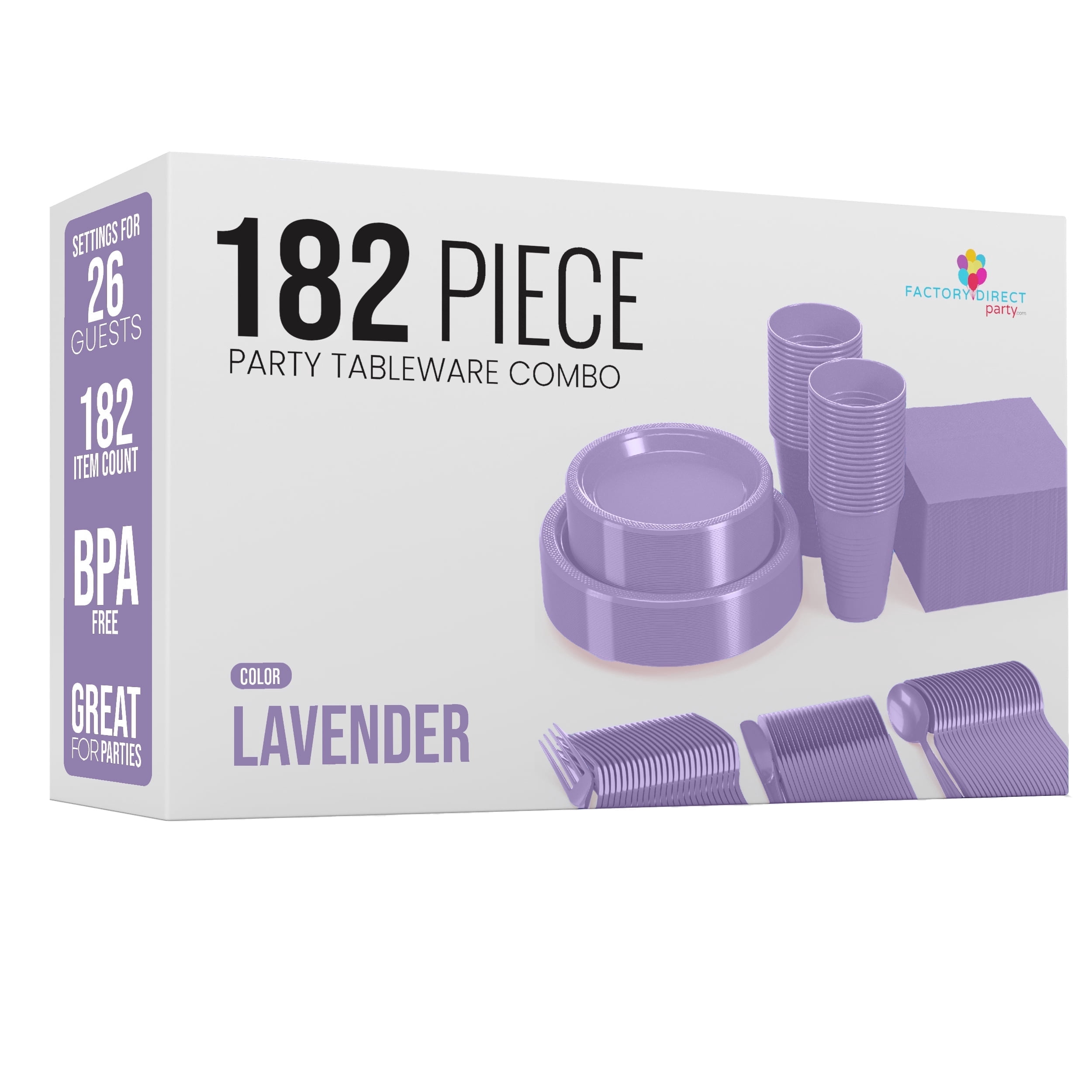 Exquisite Party Plate Combo - 182 Piece Set - Service For 26 - Lavender