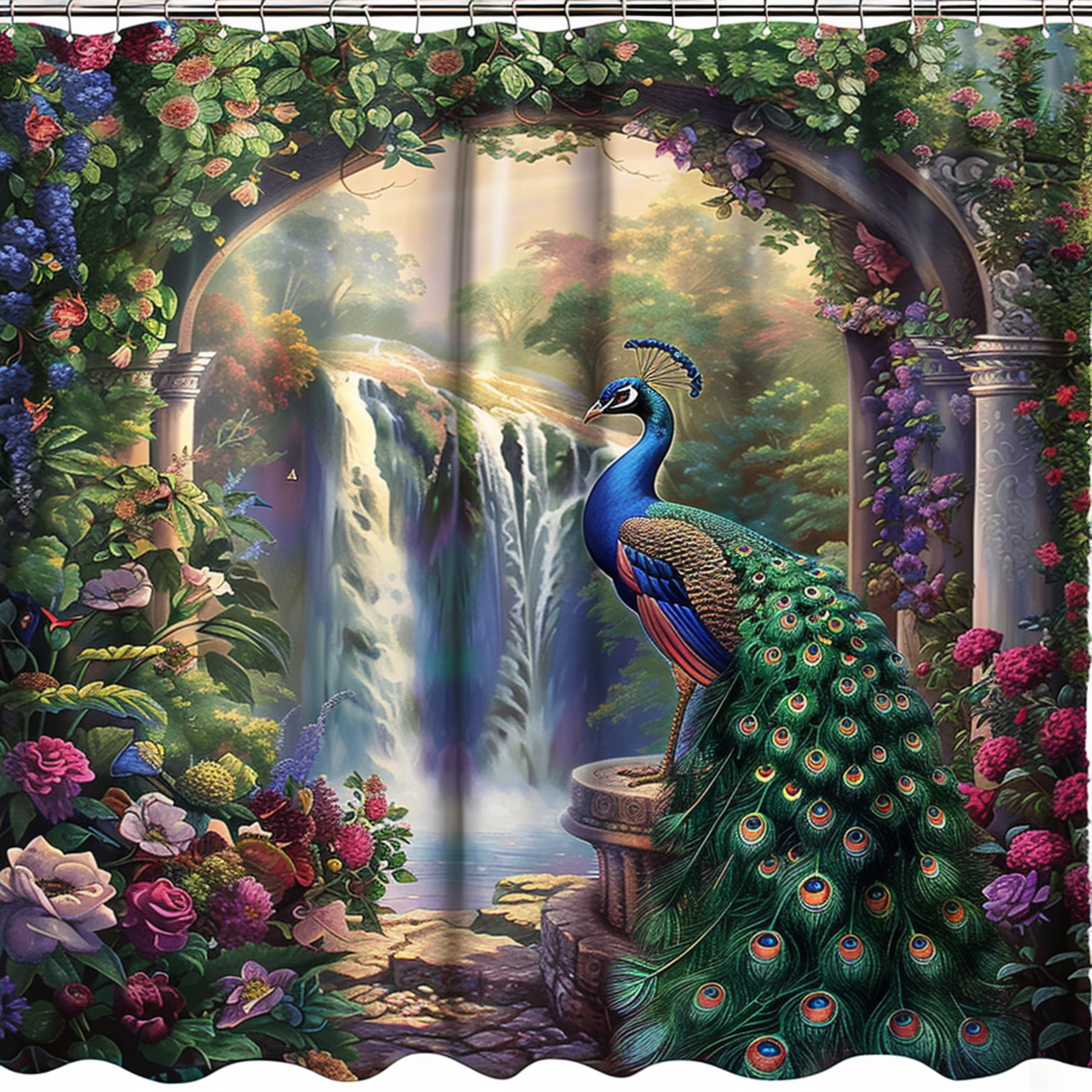 Exquisite Peacock Oasis Shower Curtain Isometric Design Vibrant Flowers