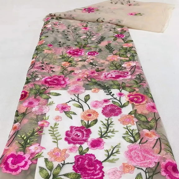 Exquisite Peony Embroidered Tulle Mesh Lace Fabric for Designer Lady Dress Pink