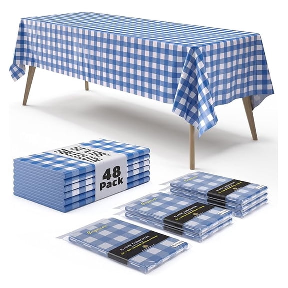 Exquisite Picnic Table Cover - 48 Pack Premium Rectangle Plastic Tablecloth - Blue & White Checkered BBQ Table Cover - Gingham Checkerboard Disposable Plastic Tablecloth 54" x 108" Rectangle