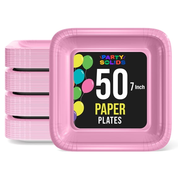 Exquisite Pink Square Paper Plates, 7", 50 Count, Heavy Duty 350 GSM, Disposable Party Plates