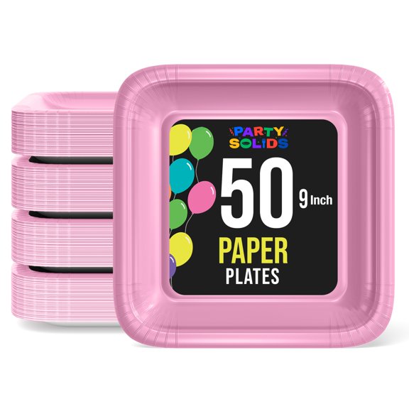 Exquisite Pink Square Paper Plates, 9", 50 Count, Heavy Duty 350 GSM, Disposable Party Plates