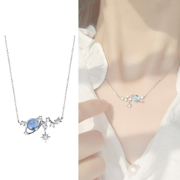 Exquisite Planet Moon Star Necklaces for Women Cute Fashion Blue Rhinestone Clavicle Chain Choker Party Jewelry Gift