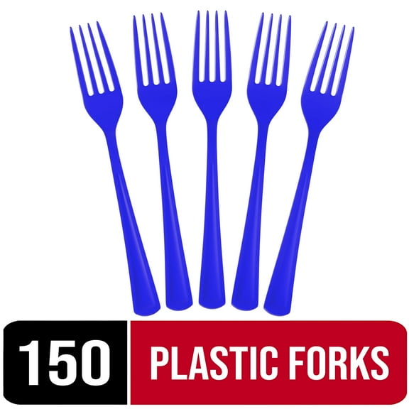 Exquisite Plastic Disposable Forks - Heavy-Duty Blue, 150 Count (3 Pack)