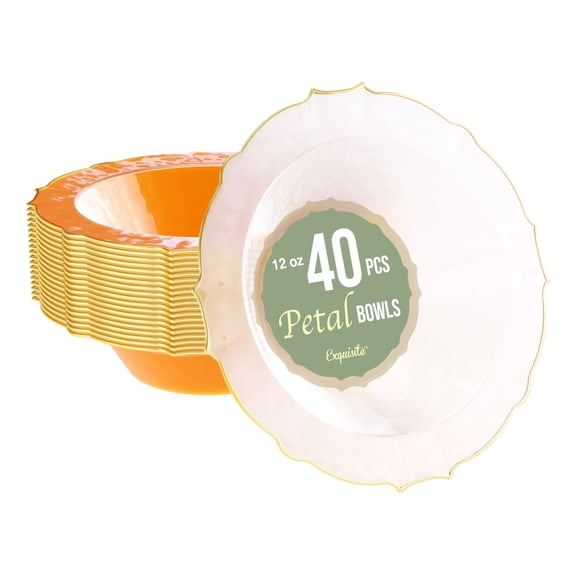 Exquisite Fancy Plastic Bowls Disposable Bowls 12 Oz Bowl Set Of 40 Disposable Soup Bowls Plastic Serving Bowls Perfect Plastic Ice Cream Bowls or Plastic Salad Bowls - Coral Peach - Gold Rim