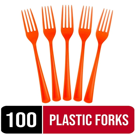Exquisite Plastic Heavy-Duty Disposable Forks, Orange Halloween Solid Print, 100 Count, 2 Pack
