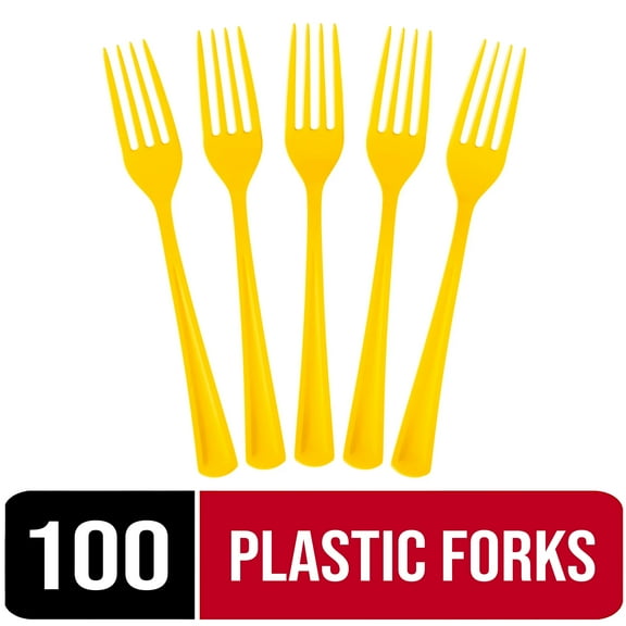 Exquisite Plastic Heavy-Duty Disposable Forks, Yellow, 100 Count