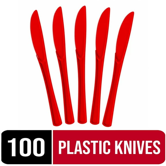 Exquisite Plastic Knives 100-Count Red , Heavy-Duty Disposable Knives for Parties, Events & Catering Supplies