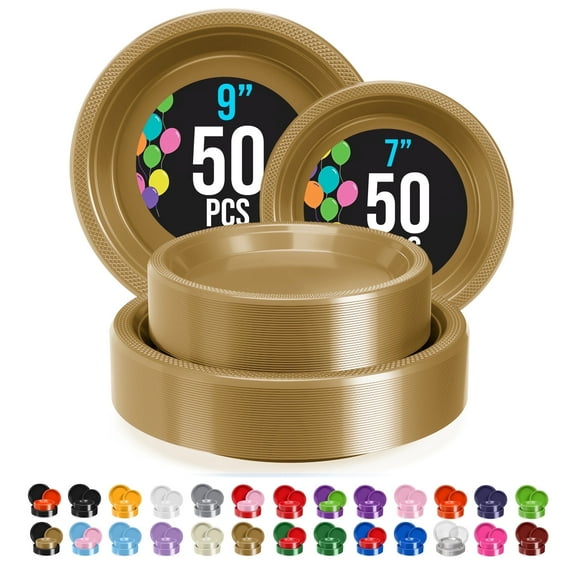Exquisite Plastic Plate Combo, 100 Pack (50 9-Inch & 50 7-Inch), Gold Party Plates
