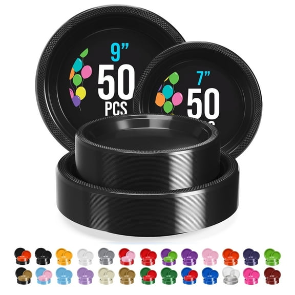 Exquisite Plastic Plate Combo, 100 Pack, 9 & 7 Inch Black Plastic Disposable Party Plates
