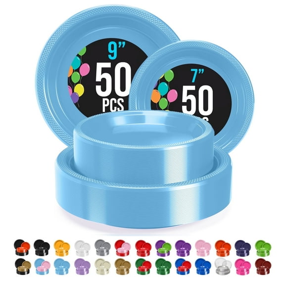 Exquisite Plastic Plate Combo, 100 Pack, 9 & 7 Inch, Light Blue Plastic Plates