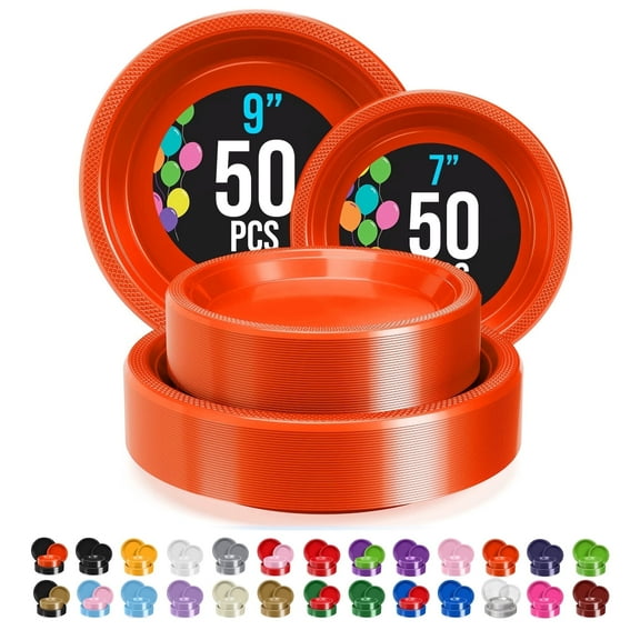 Exquisite Plastic Plate Combo, Dinner Plate Combo, Orange, 2 Pack, 7 & 9 Inch - 100 Count