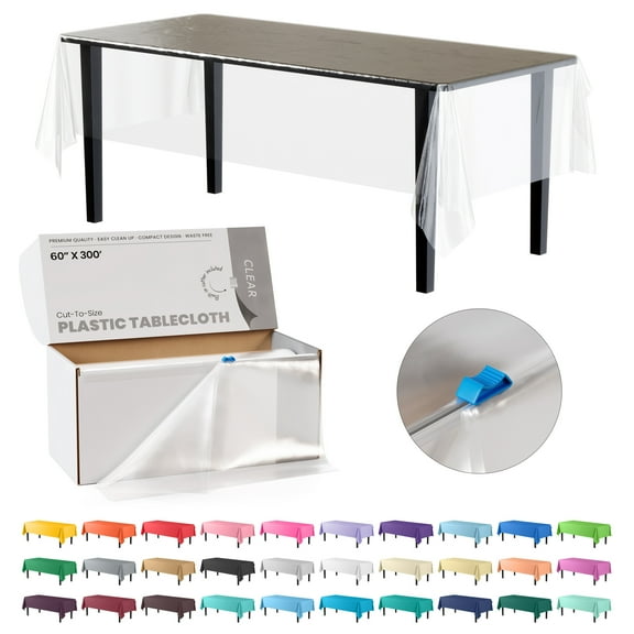 Exquisite Plastic Tablecloth Roll With Built In Slide Cutter 60 in. x 300 Ft. Disposable Table Cover - Clear