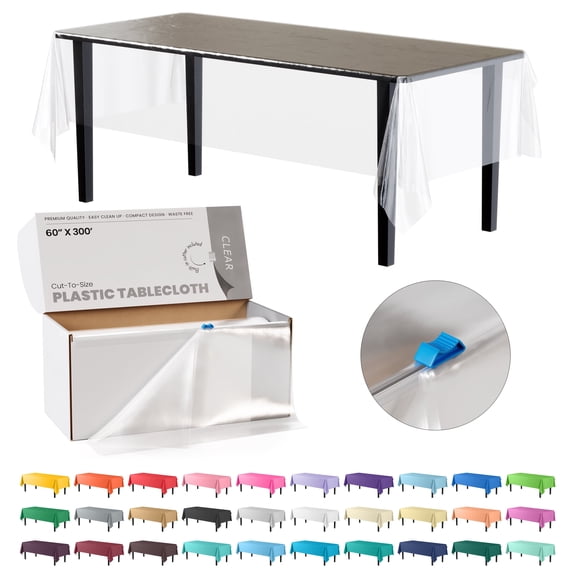 Exquisite Plastic Tablecloth Roll With Built In Slide Cutter 60 in. x 300 Ft. Disposable Table Cover - Clear