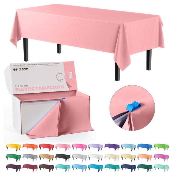 Exquisite Plastic Tablecloth Roll with Built-in Slide Cutter 54 Inch. x 300 Ft. Disposable Table Covers - Pink