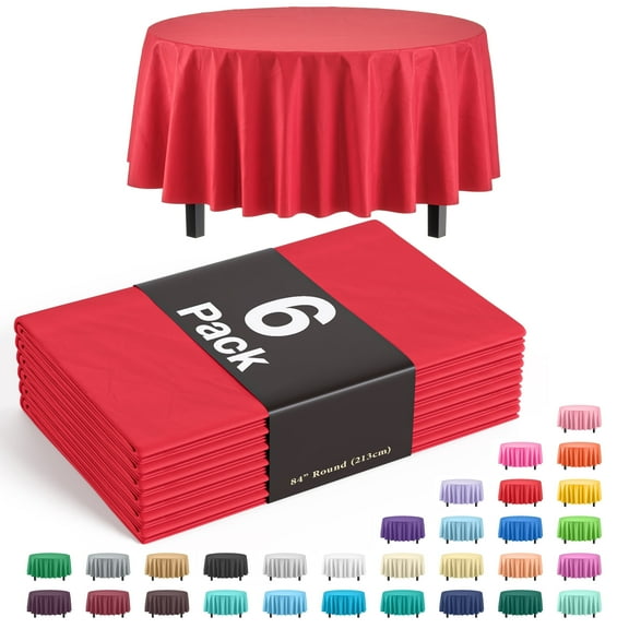 Exquisite Premium 6 Pack Plastic Tablecloth, 84" Round, Red, Solid Print