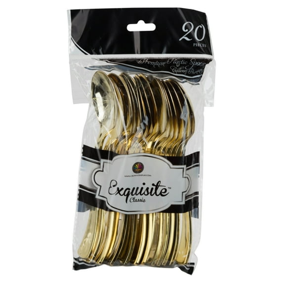 Exquisite Premium 7.75" Gold Plastic Silverware - Heavy Duty Cutlery - Plastic Soup Spoons - 20 Ct