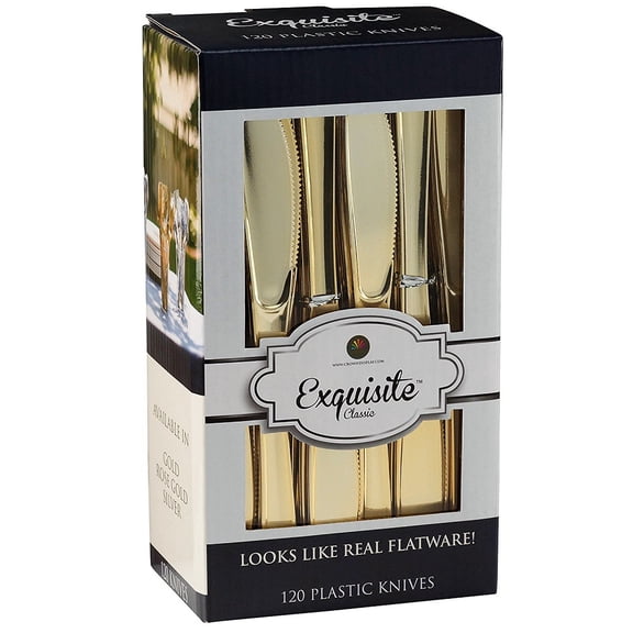 Exquisite Premium Gold Plastic Silverware - Heavy Duty - Bulk Cutlery 120 Gold Plastic Knives