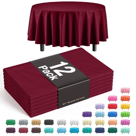 Exquisite 12 Premium Burgundy Plastic 84" Round Waterproof Party Tablecloths