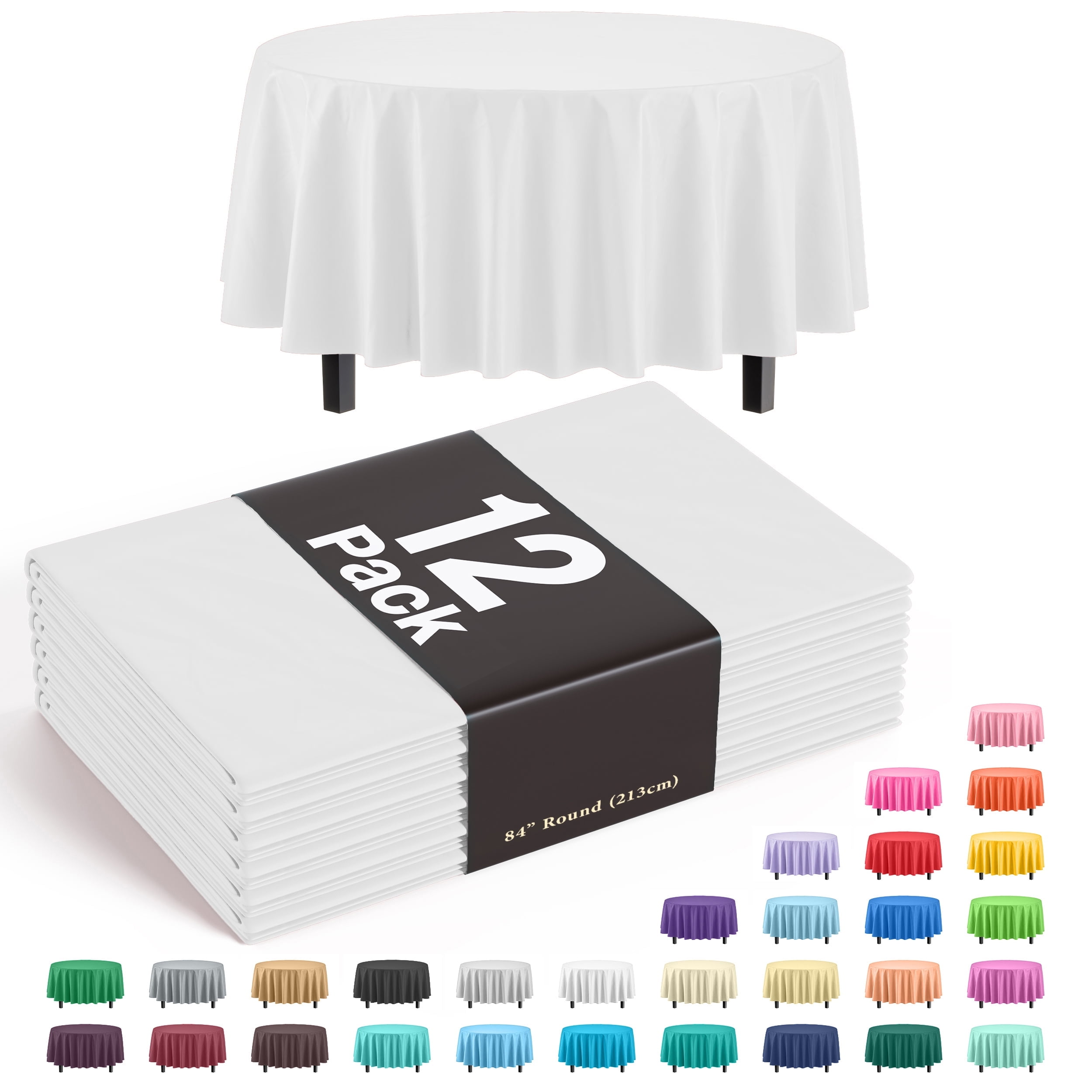 White 84-Inch Round Waterproof Plastic Tablecloths, 12 Pack