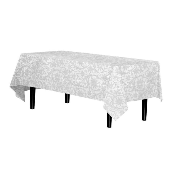 Exquisite Premium Plastic Tablecloth 108in. x 54in. Rectangle Table Cover - White Lace On Clear Design - Disposable - 2 Pack