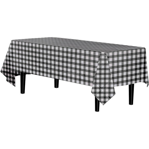 Exquisite Premium Plastic Tablecloth 54in. x 108in. Rectangle Table Cover - Black Gingham - Disposable - 2 Pack