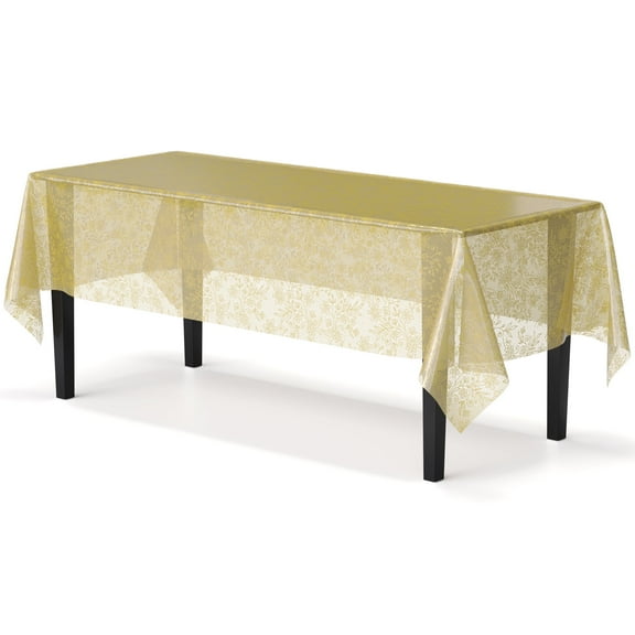 Exquisite Design Plastic Tablecloth, 108in x 54in, Gold Floral On Clear - Disposable - 2 Pack