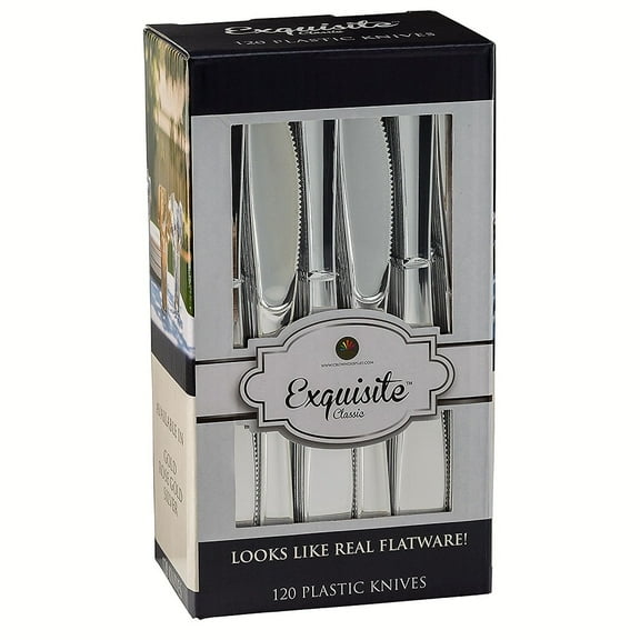 Exquisite Premium Silver Plastic Silverware Bulk Cutlery 120 Silver Plastic Knives - Fancy Disposable Silverware Cutlery Pack