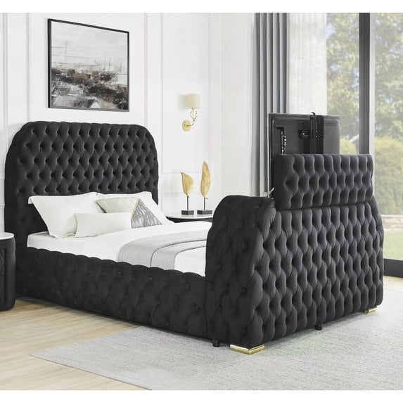 Exquisite Queen Bed: Black Velvet, Deep Tufting & Integrated TV Lift