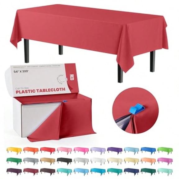 Exquisite Red 54x300in Plastic Disposable Tablecloth Roll with Built-in Cutter - 36 Rec Table Covers in a Box