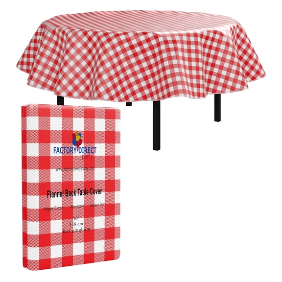 Exquisite Red Gingham Vinyl Tablecloth - 70" Round - Waterproof Plastic and Flannel