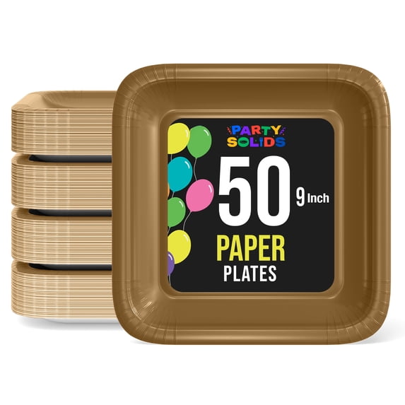 Exquisite Reflective Gold Square Paper Plates, 9", 50 Count, Heavy Duty 350 GSM, Disposable Party Plates